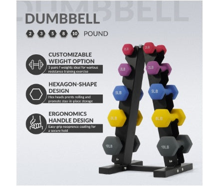 Color Neoprene Dumbbell Set With Rack, Multiple Weight Options, Set--Only Supports Self Pickup