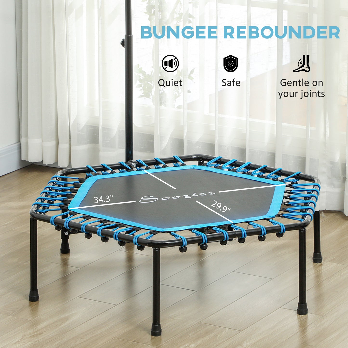 45 Rebounder Trampoline For Adults, Quiet Bungee Rebounder With LED Lights And Adjustable Handle, Blue